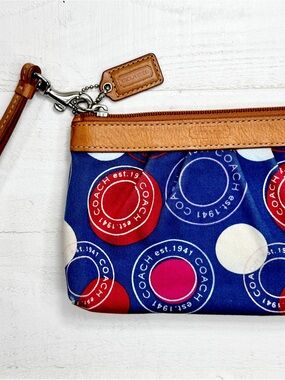 Coach Legacy Dot Print Wristlet Pouch Blue Red White Canvas Leather Trim